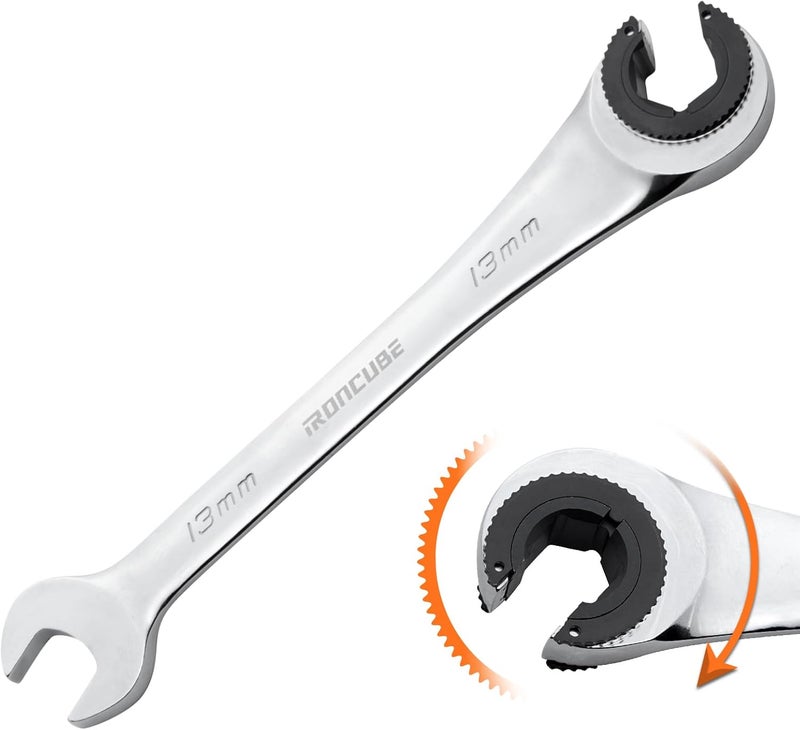 ironcube 13mm Brake Line Wrench Set: Metric Ratcheting Open-end for Nuts on Fuel, Brake or Air Conditioning Lines - Image 1